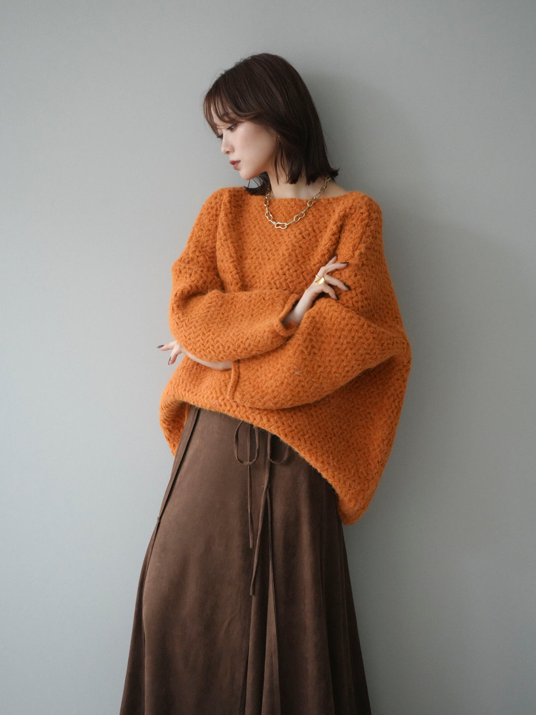 [予約]ワッフル編みオーバーニットプルオーバー/mustard