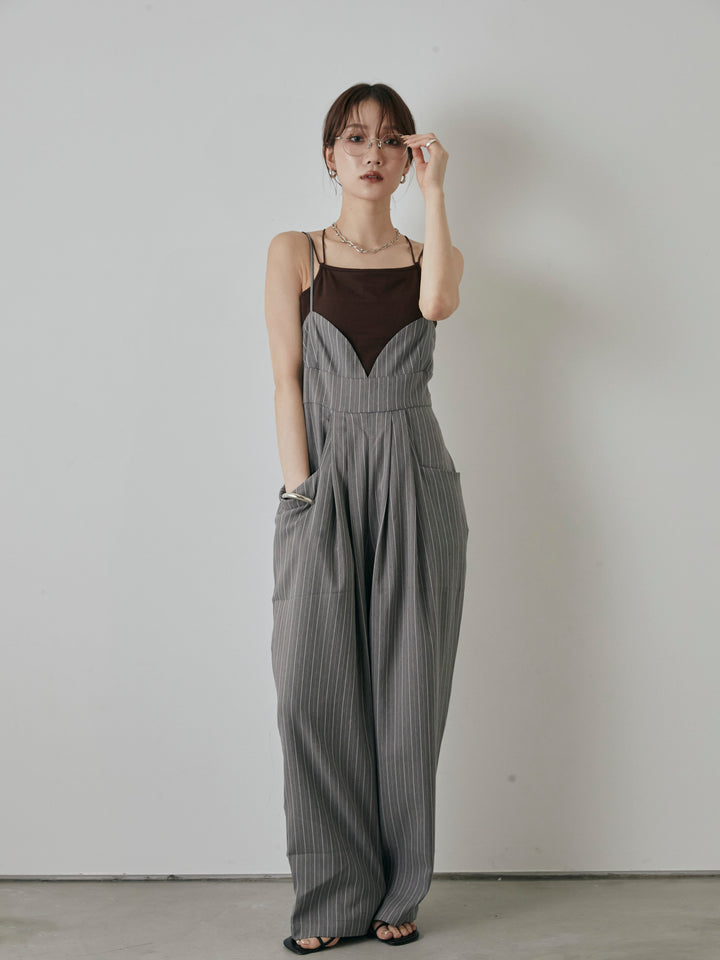 [予約]ヘリンボーンストライプサロペット/チャコール