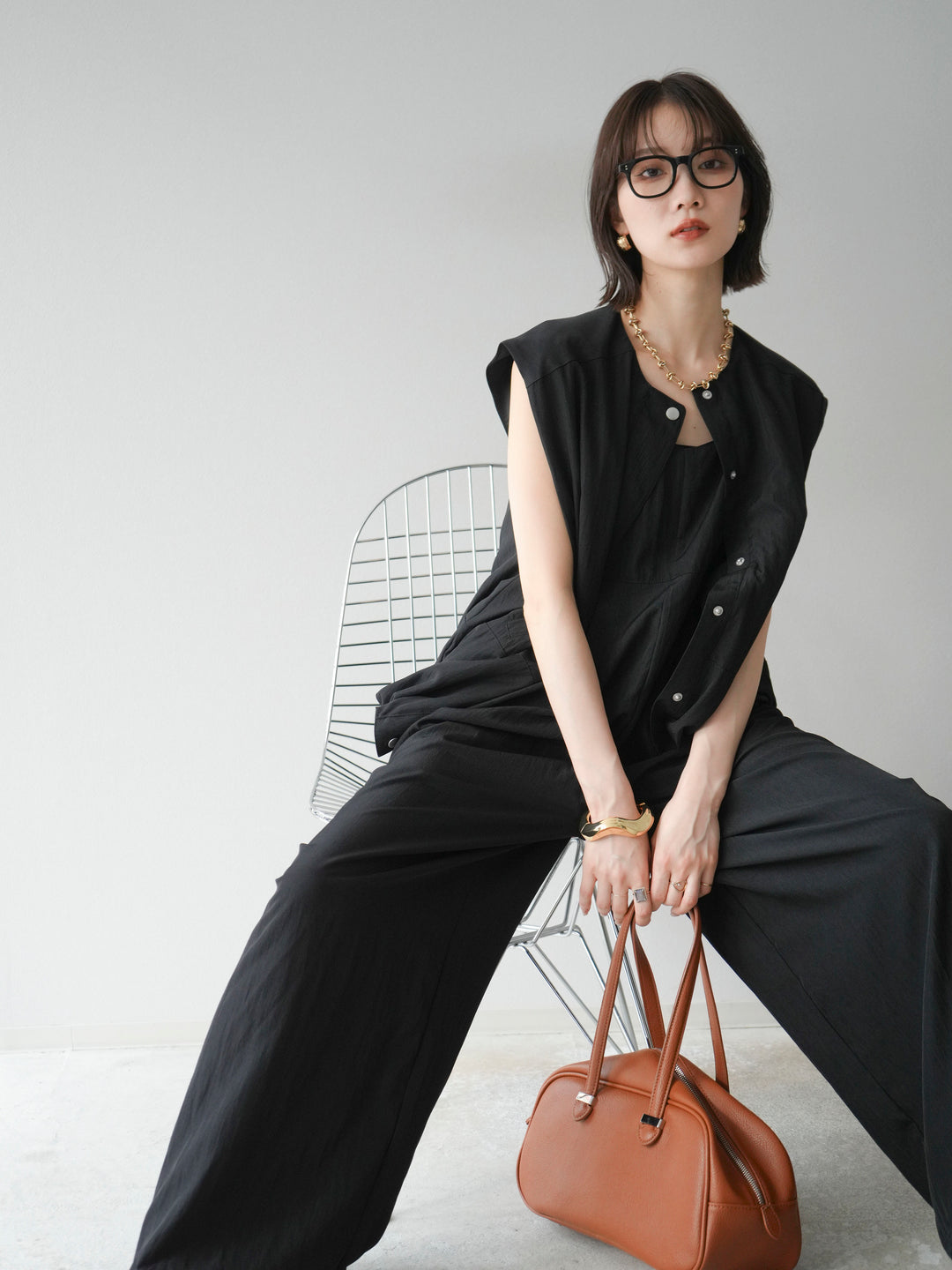 [SET]リネンライクビスチェデザインサロペット+リネンライクドロストバルーンブルゾン(2set)