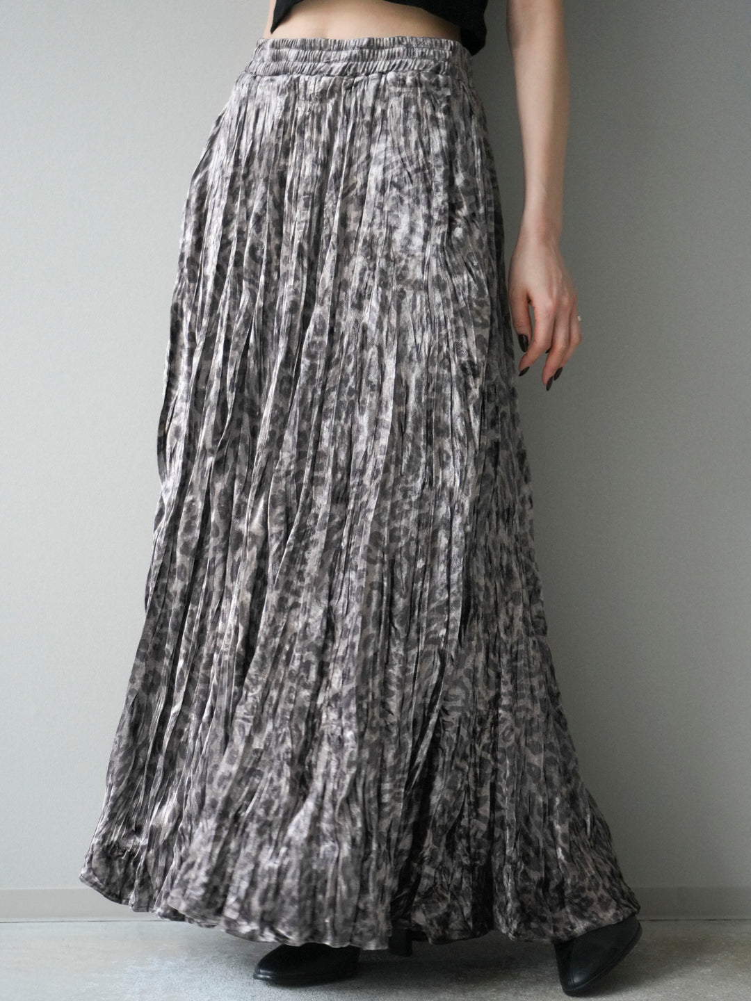 [予約]レオパードベロアワッシャーロングスカート/gray