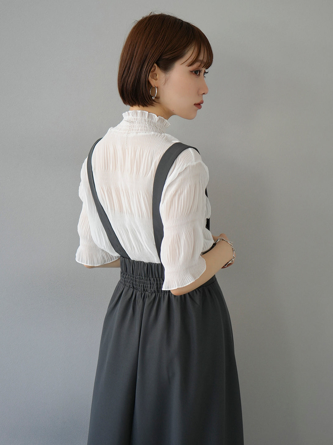 [SET] Shirring chiffon half sleeve blouse + 2WAY flare jumper skirt (2set)