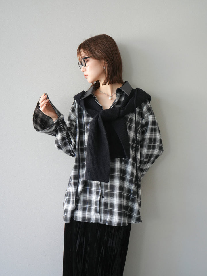 [SET]レザー襟オンブレチェックオーバーシャツ +クラッシュベロアナロースカート(2set)