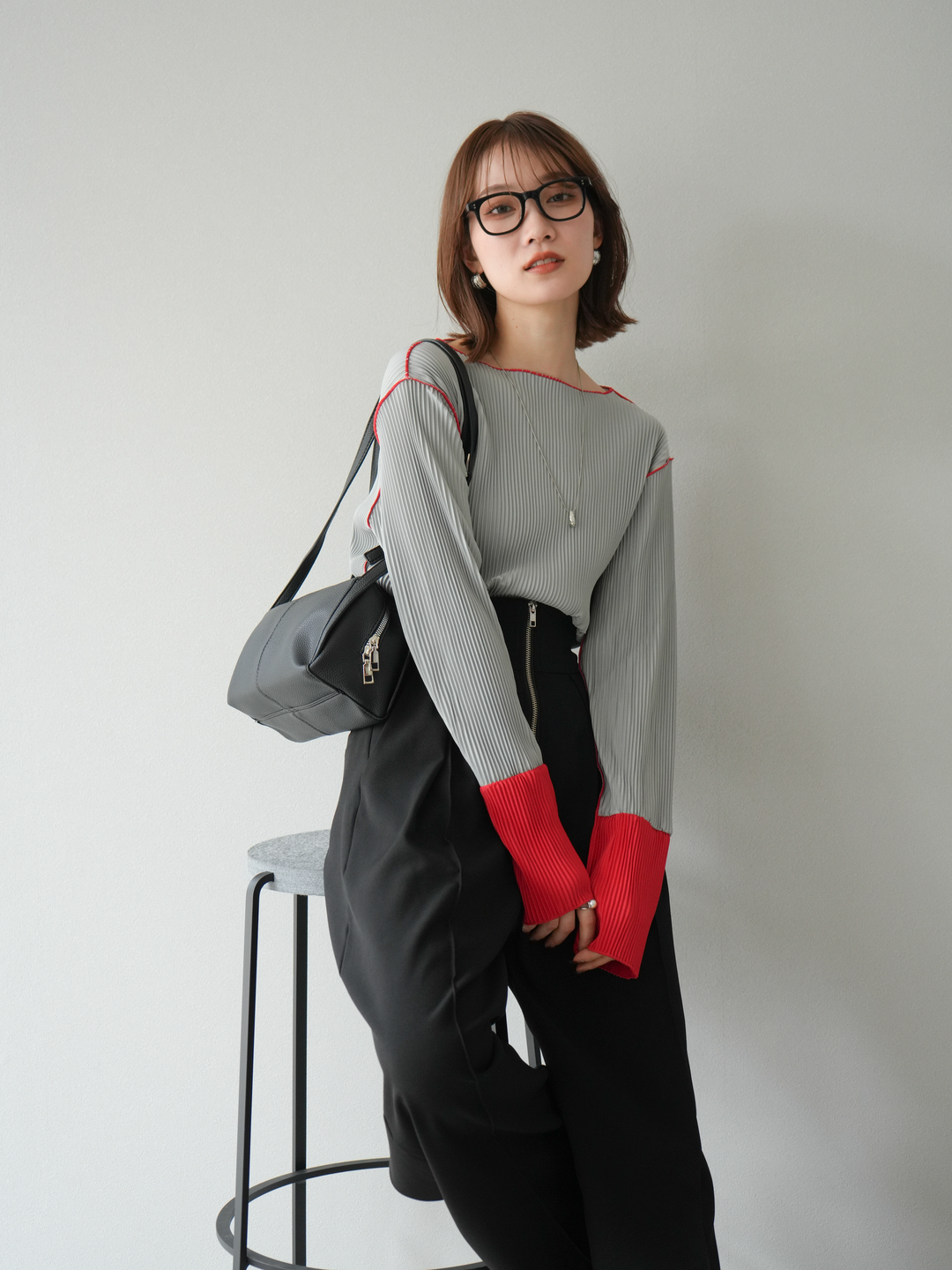 [予約]バイカラープリーツトップス/グレー