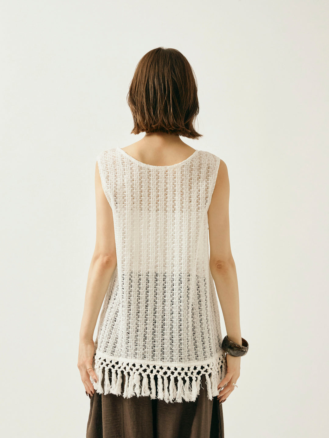 [予約]フリンジ透かし編みニットベスト/ホワイト