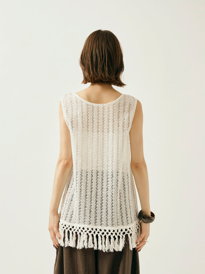 [予約]フリンジ透かし編みニットベスト/ホワイト