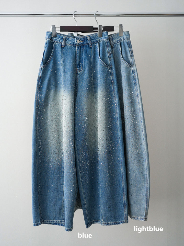 [SET]ボウタイ裾プリーツライトジャケット+フロントビジューカーブデニムパンツ(2set)