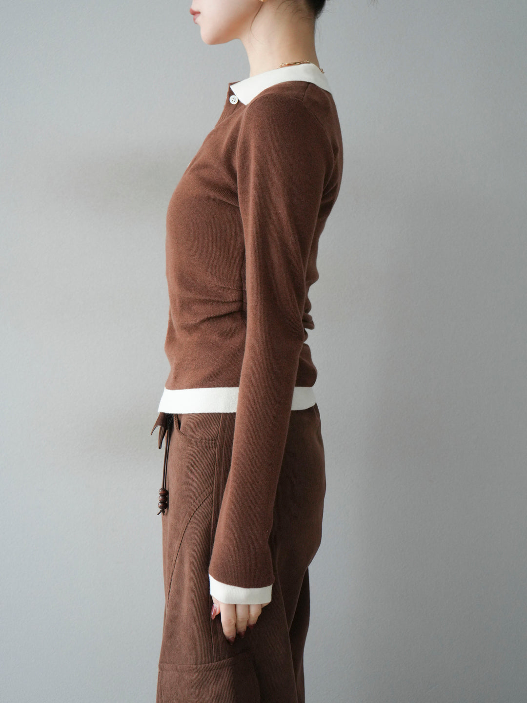 [予約]レイヤード配色ポロニットトップス/brown