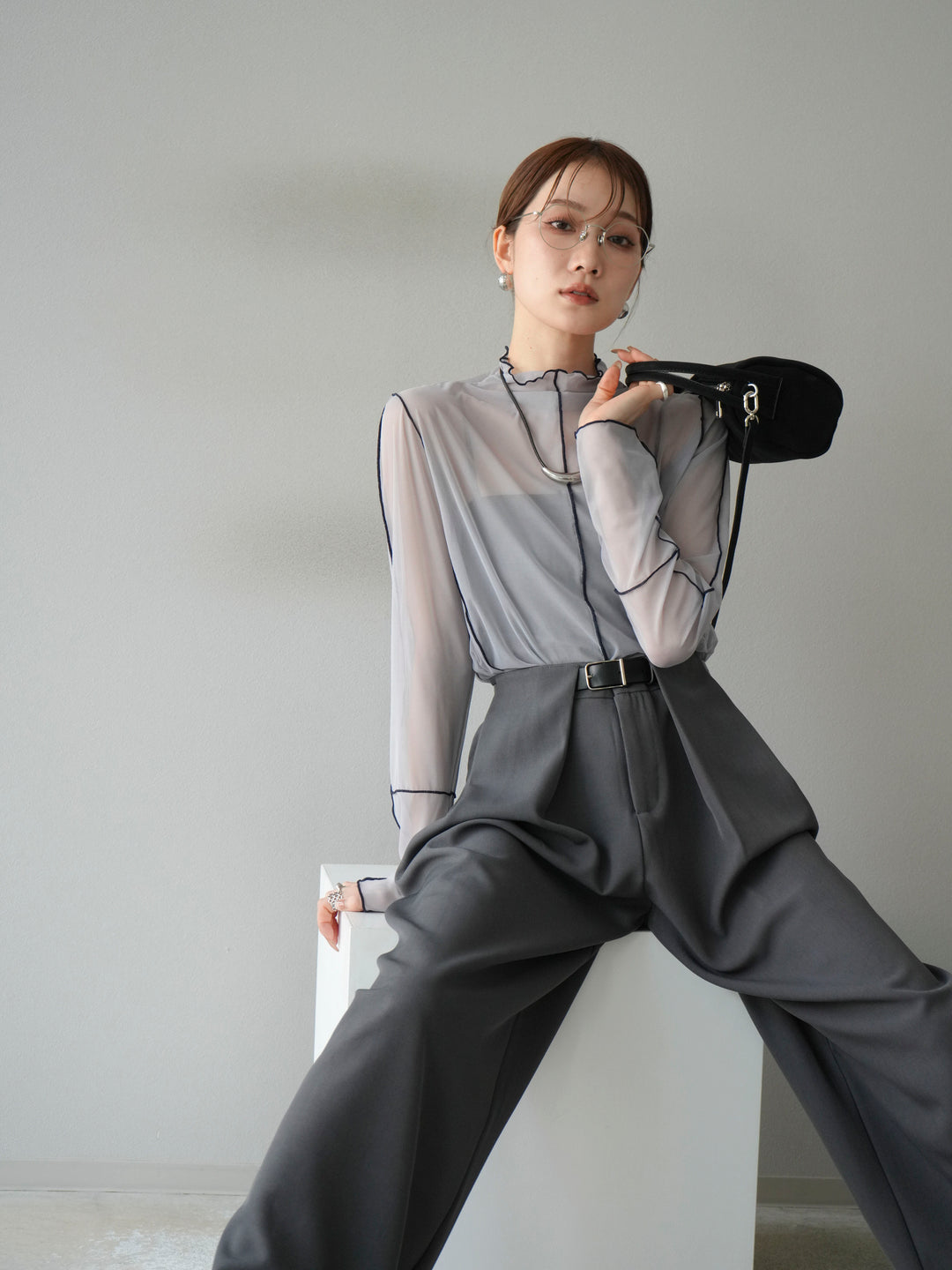 [予約]シアーパイピングカットソー/ライトグレー×ネイビー