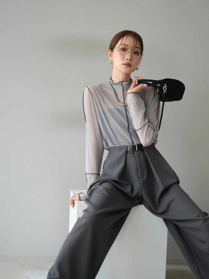 [予約]シアーパイピングカットソー/ライトグレー×ネイビー