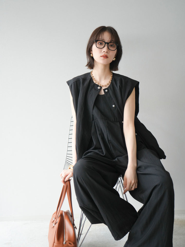 [SET]リネンライクビスチェデザインサロペット+リネンライクドロストバルーンブルゾン(2set)