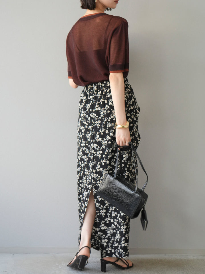 [SET]リネンタッチ配色二重臼ハーフニットトップス+選べるアソート柄スカートセット(2set)