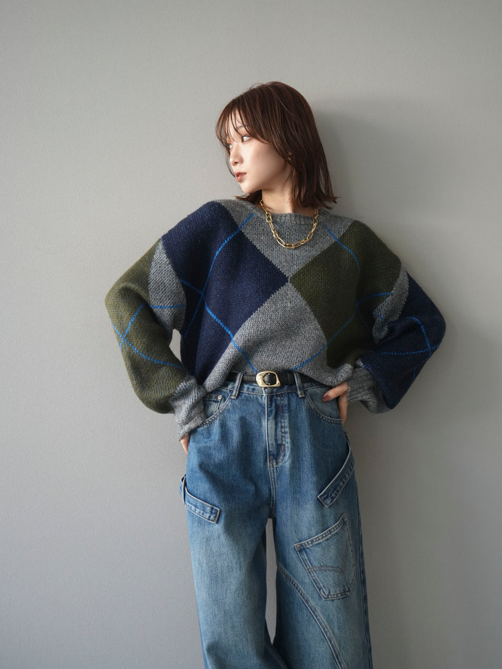 [予約]配色ステッチアーガイル柄ニットプルオーバー/gray