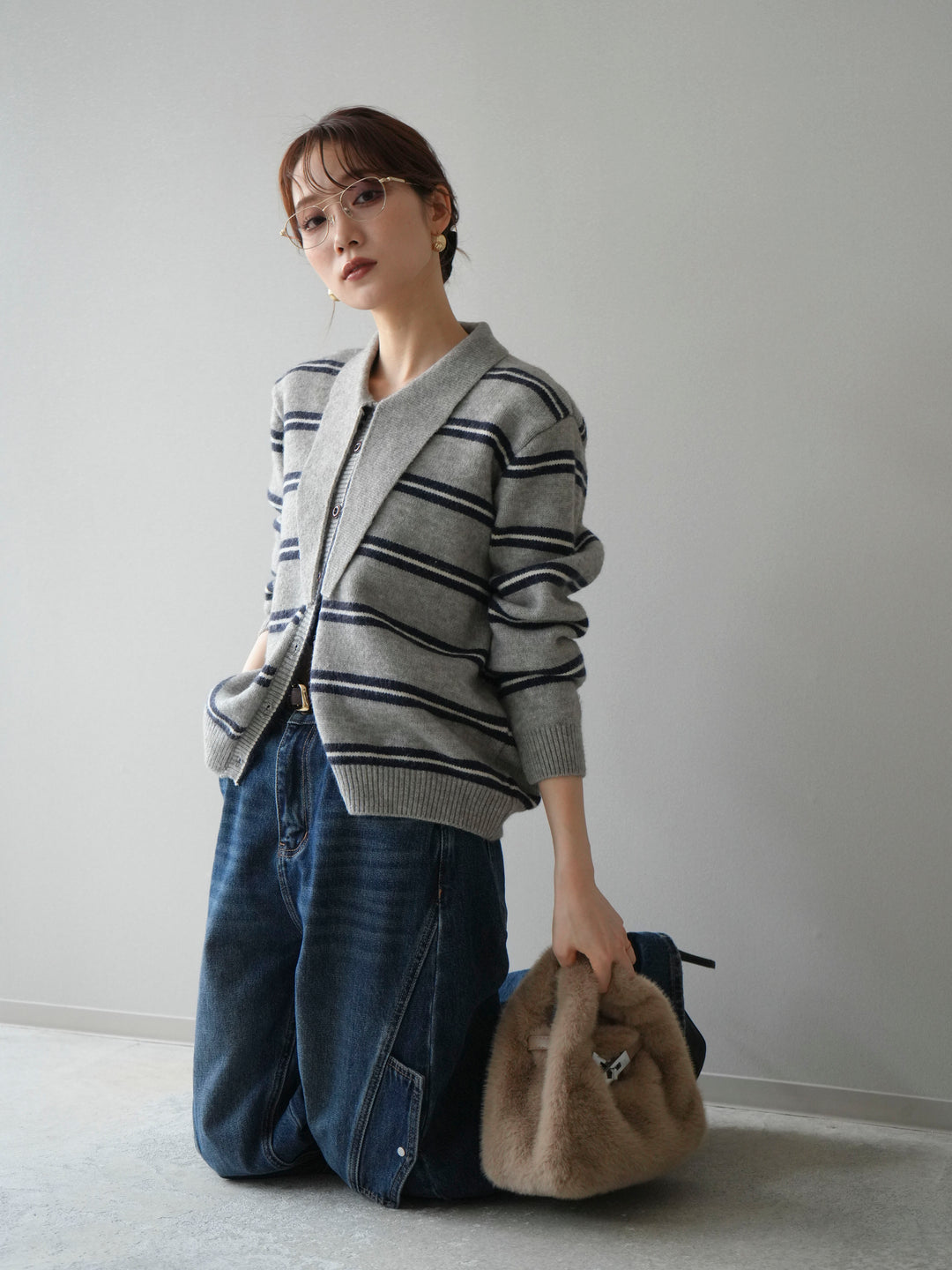 [予約]ボウタイボーダーニットカーディガン/gray
