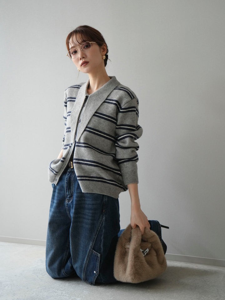[予約]ボウタイボーダーニットカーディガン/gray