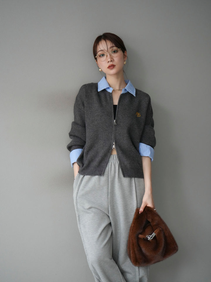 [SET]ストライプシャツレイヤードZIPニットカーディガン+2WAYデザインスウェットパンツ(2set)