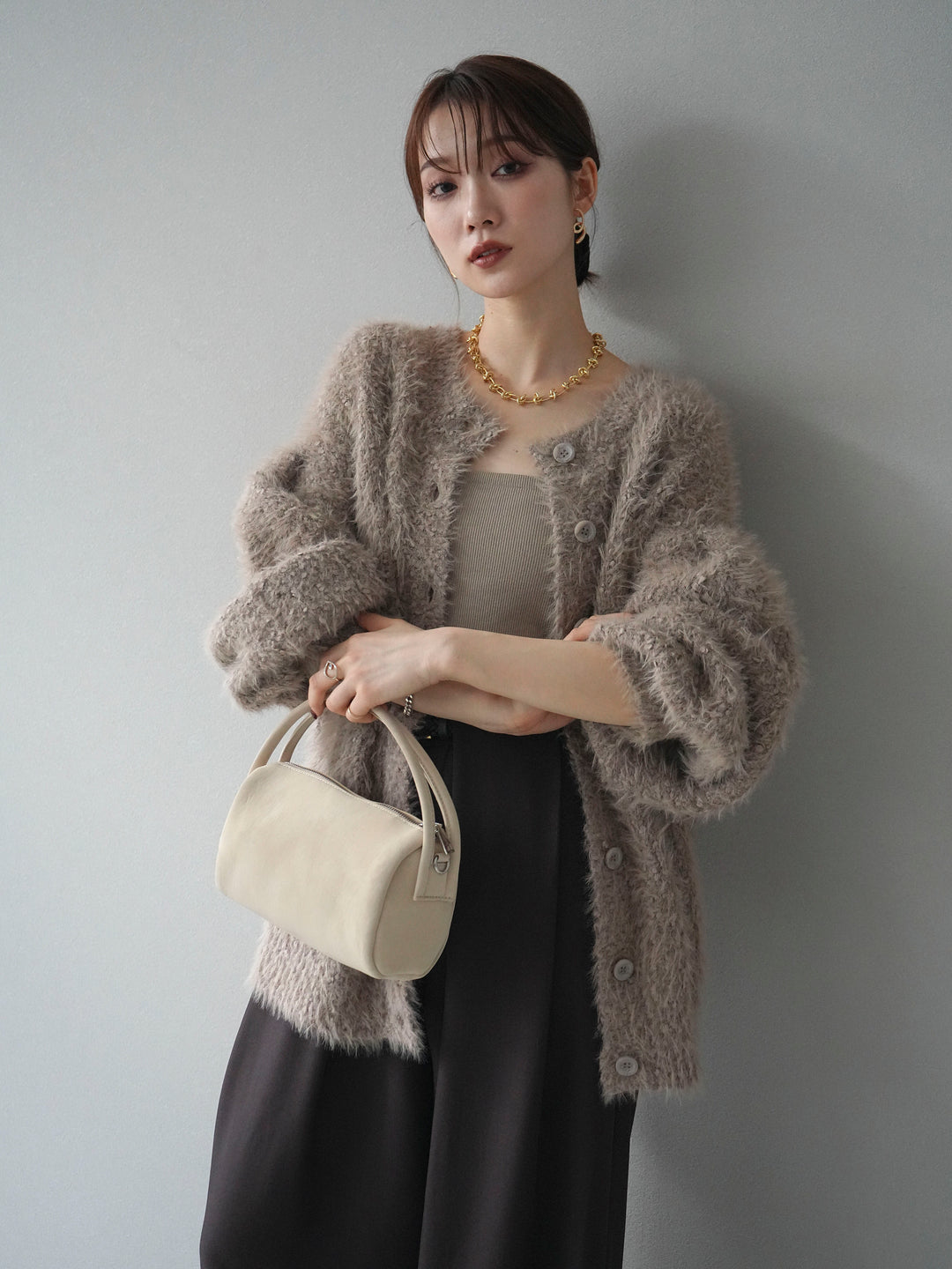 [SET]クルーネックランダムシャギーカーディガン+ベルトループデザインワイドパンツ(2set)