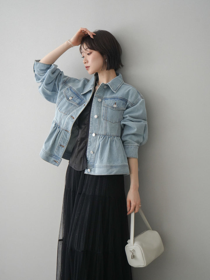 【套裝】荷葉邊牛仔外套+無袖緞面蕾絲吊帶背心+亮片褶皺多層薄紗長裙（三件套）