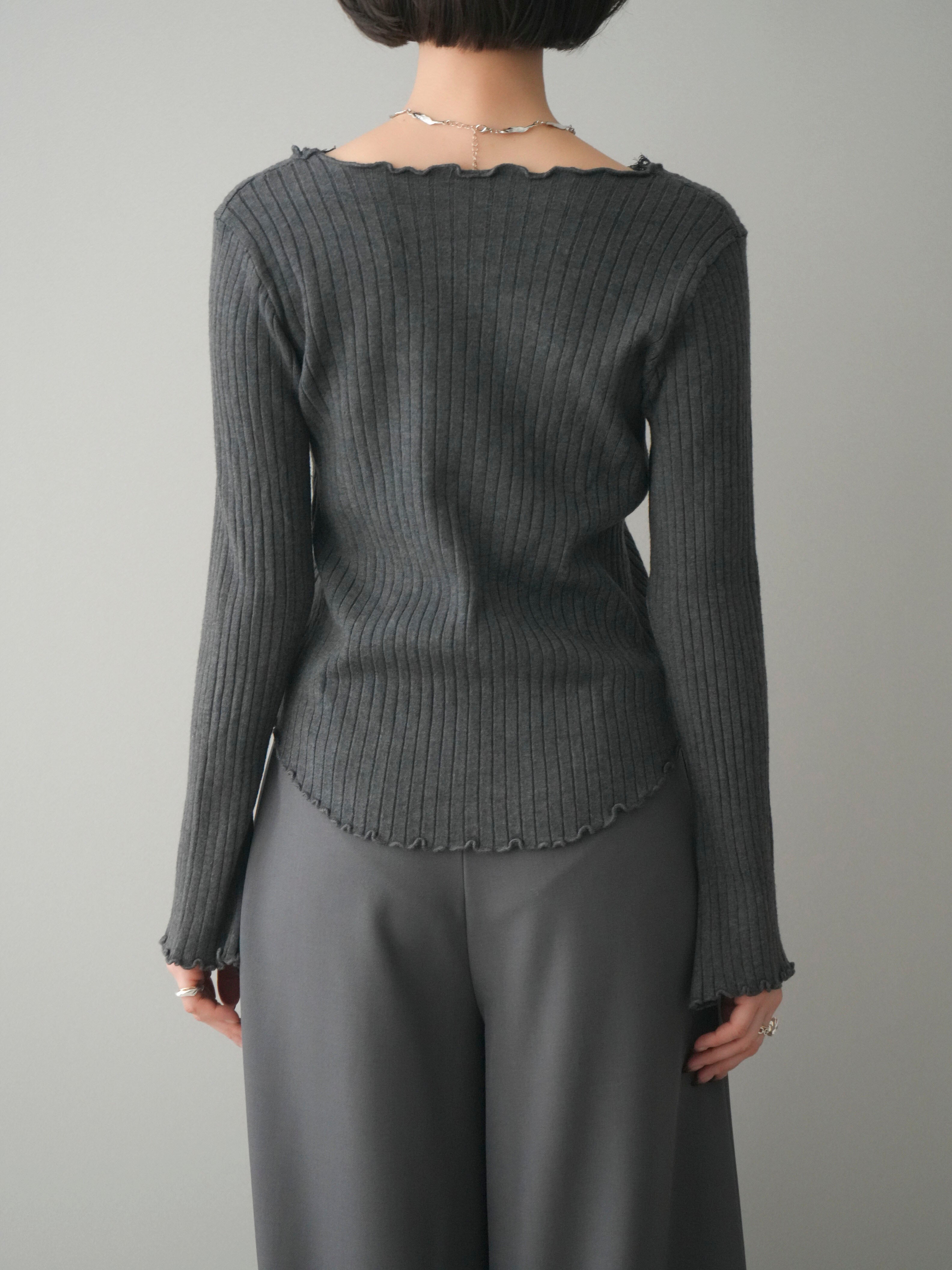 予約]レースネックレースアップリブニットトップス/gray – Lumier