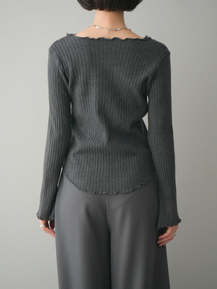[予約]レースネックレースアップリブニットトップス/gray