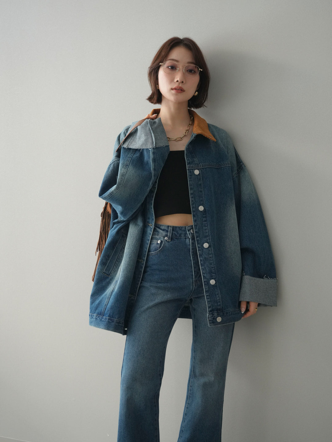 [SET]コーデュロイ×デニムミドルジャケット+フレアデニムパンツ(2set)