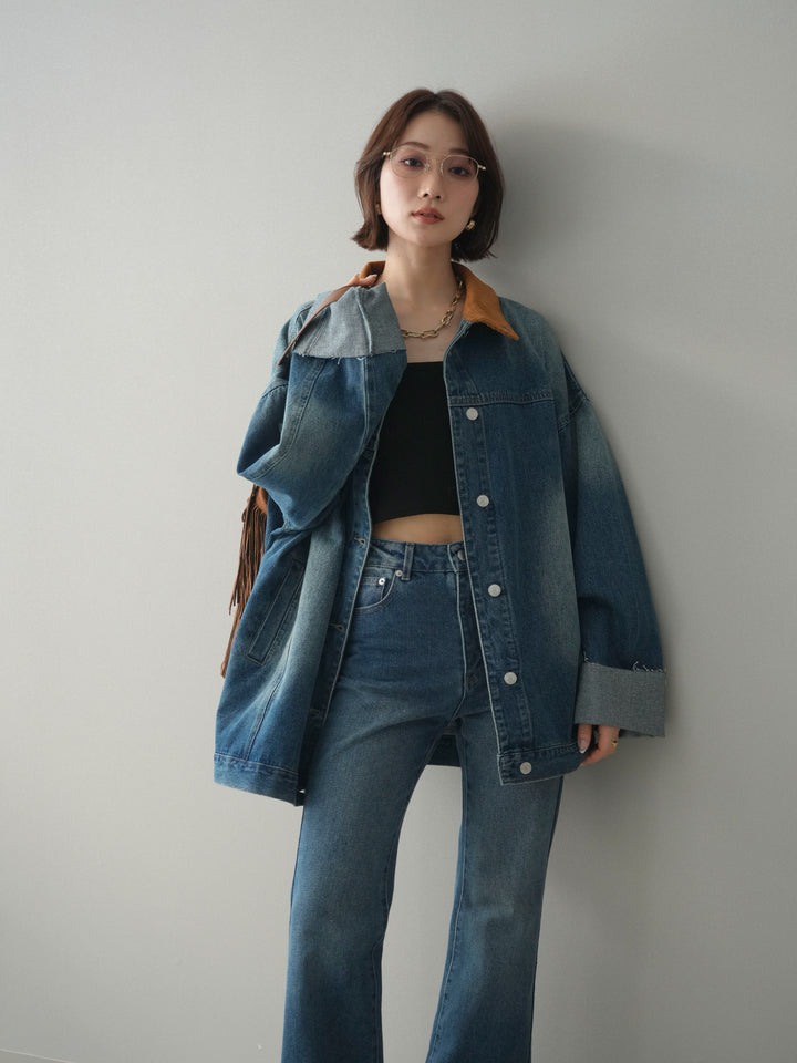 [SET]コーデュロイ×デニムミドルジャケット+フレアデニムパンツ(2set)