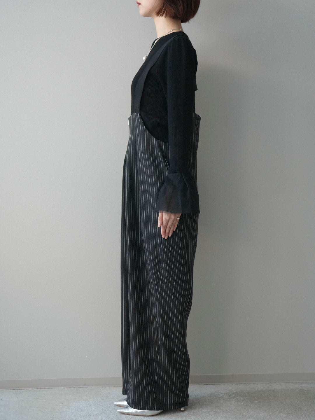 [予約]グログランテープストライプサロペット/black