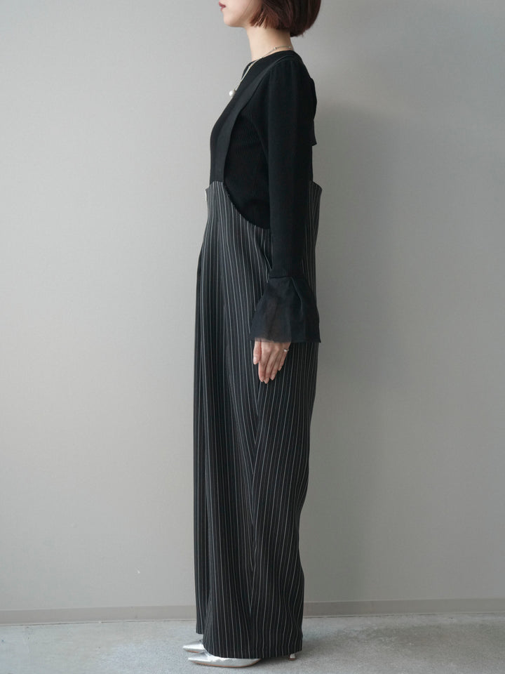 [予約]グログランテープストライプサロペット/black