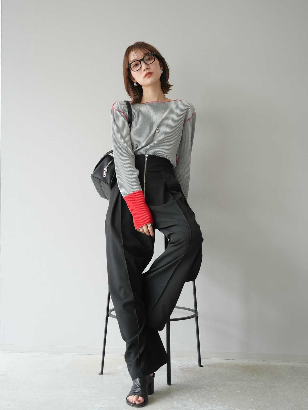 [予約]バイカラープリーツトップス/グレー