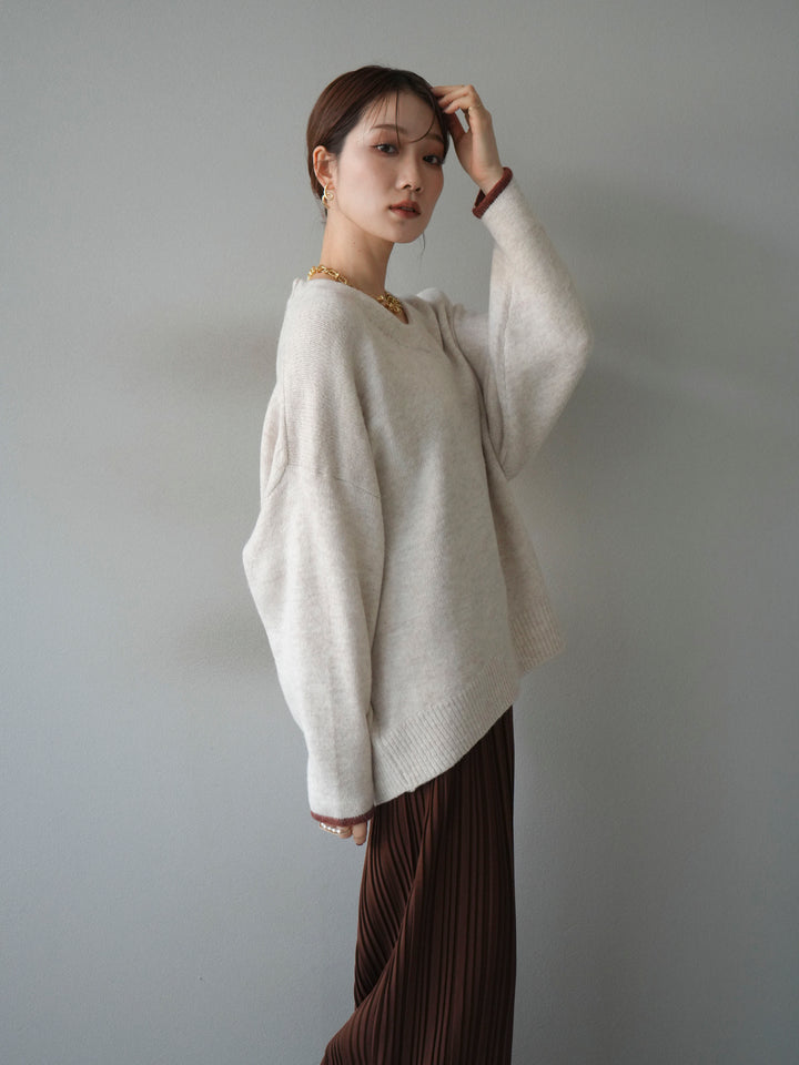 [SET]Vネック配色スリーブニットプルオーバー+選べるアクセセット(2set)