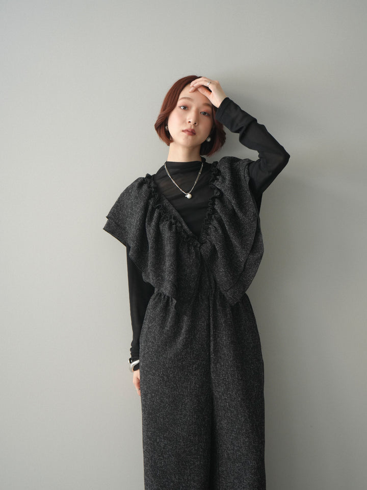 [SET]3WAYミックスツイードギャザーオールインワン+シアープチネックストレッチトップス(2set)