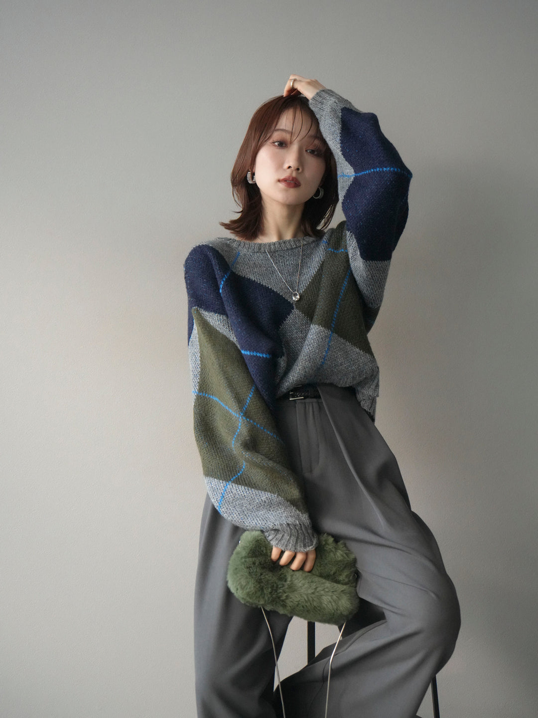 [予約]配色ステッチアーガイル柄ニットプルオーバー/gray