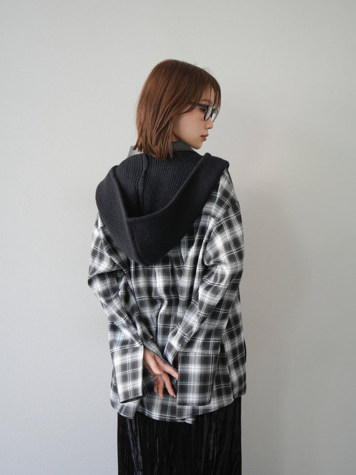 [SET]レザー襟オンブレチェックオーバーシャツ +クラッシュベロアナロースカート(2set)