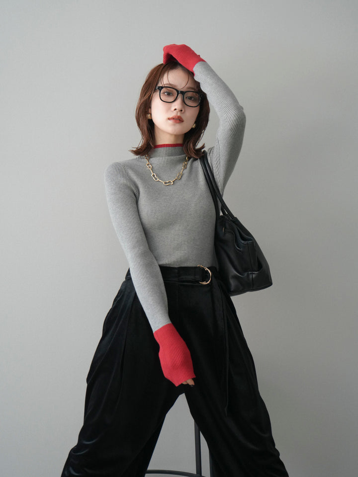 [SET]袖ボタンハイネック配色リブニットトップス+ベロアベルトスリムパンツ(2set)