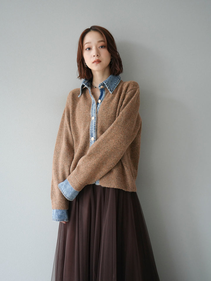 【預購】牛仔領紐扣針織開襟衫/駝色