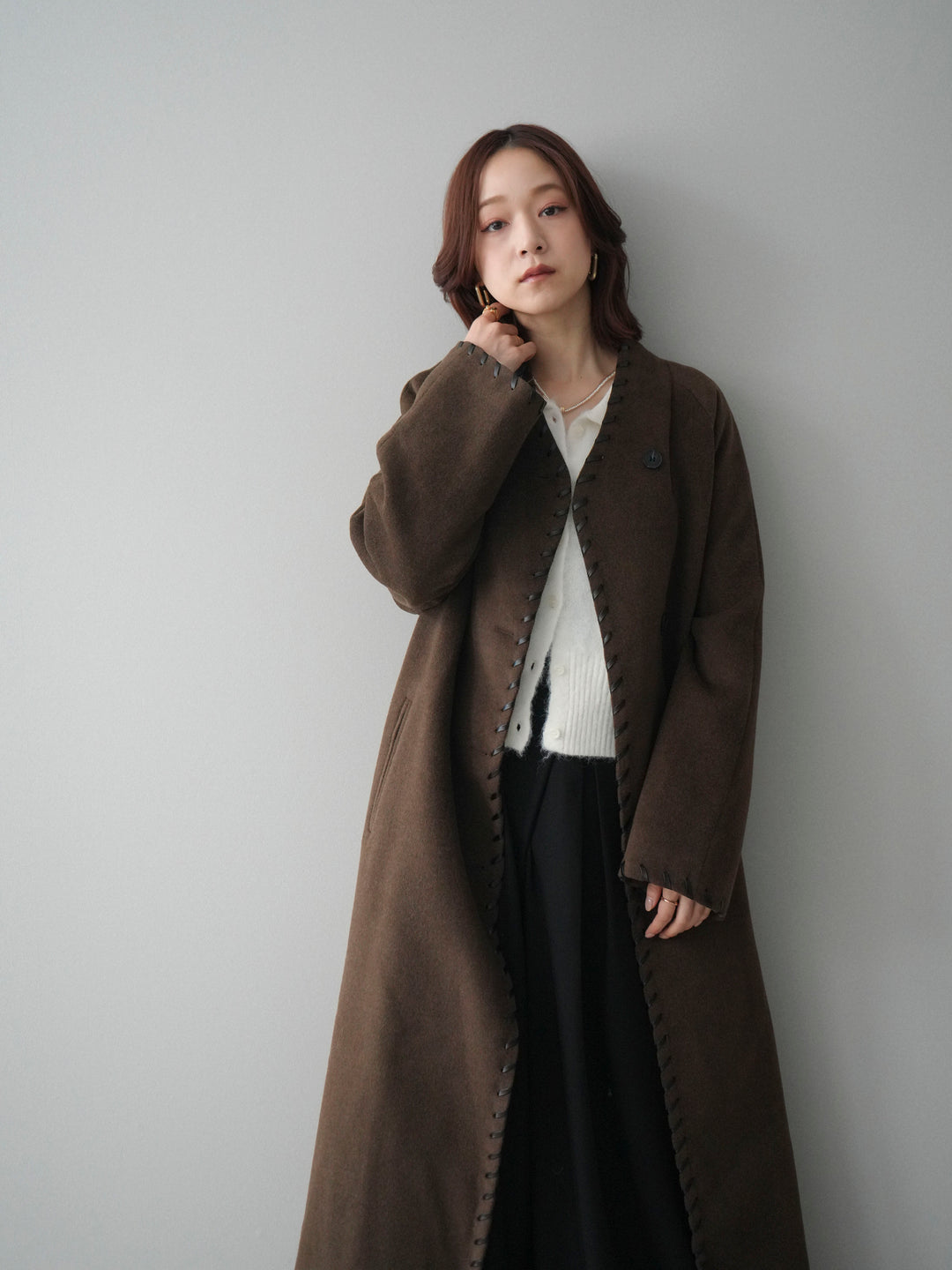 [SET]ハンドステッチ裏中綿ロングコート+テープベルトタックバギーパンツ(2set)