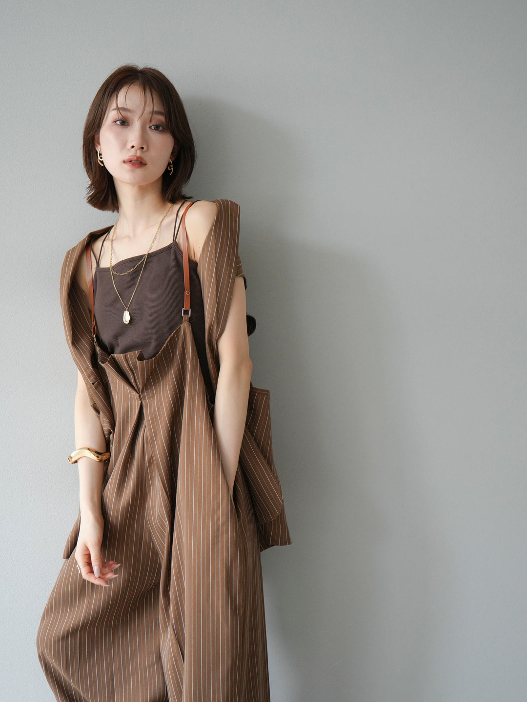 【着回しセット】[SET]ヘリンボーンストライプジレ+シアー切替ベロアトップス+ヘリンボーンストライプサロペット(3set)