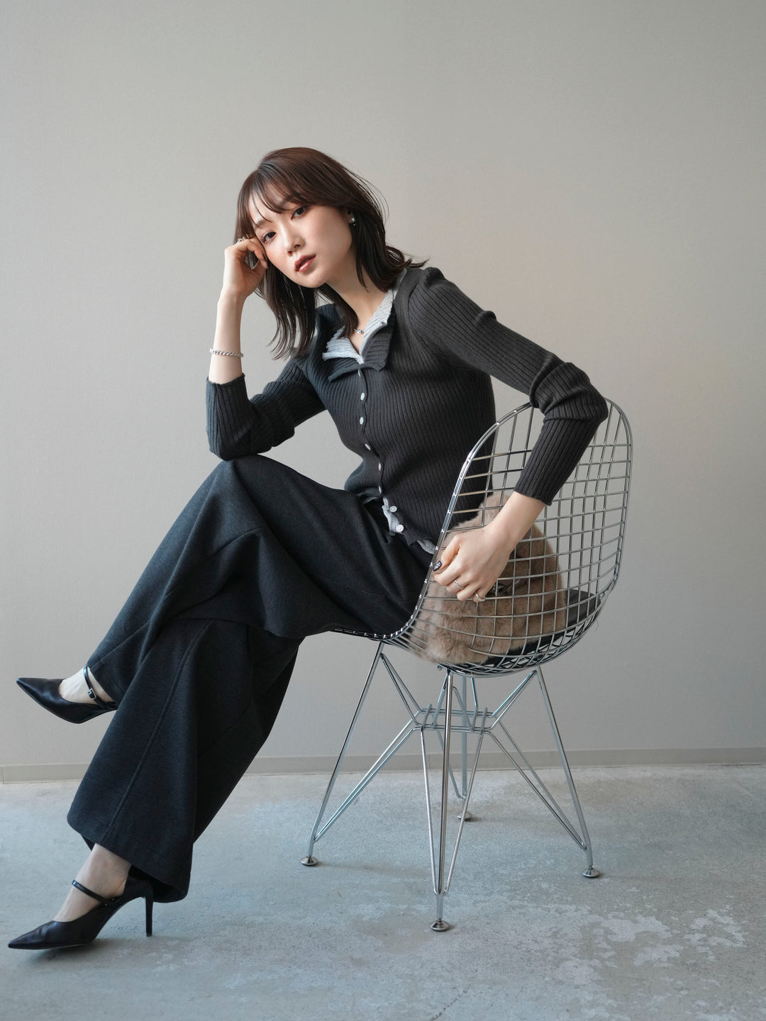 [予約]配色レイヤードリブニットカーディガン/charcoal