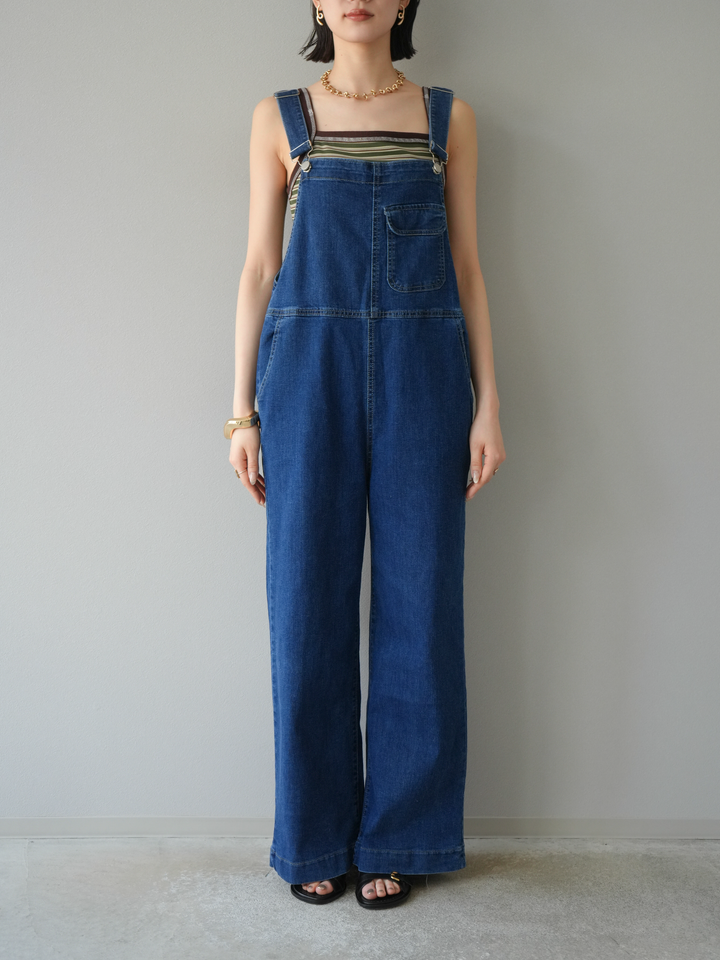 [SET]デザイン編みプチネックノースリニットトップス+ストレッチデニムワイドサロペット(2set)