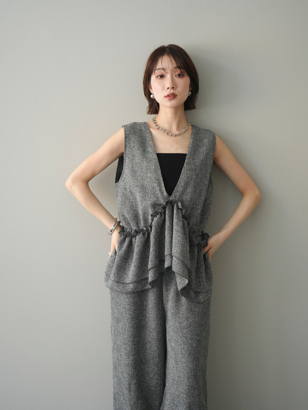 [SET]3WAYミックスツイードギャザーオールインワン+選べるアクセセット(2set)