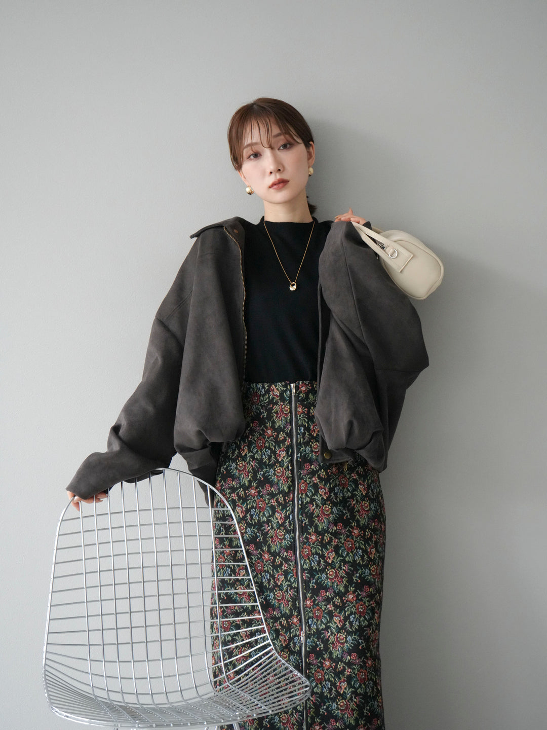 [SET]スウェードオーバーブルゾン+ゴブランフロントジップタイトスカート(2set)