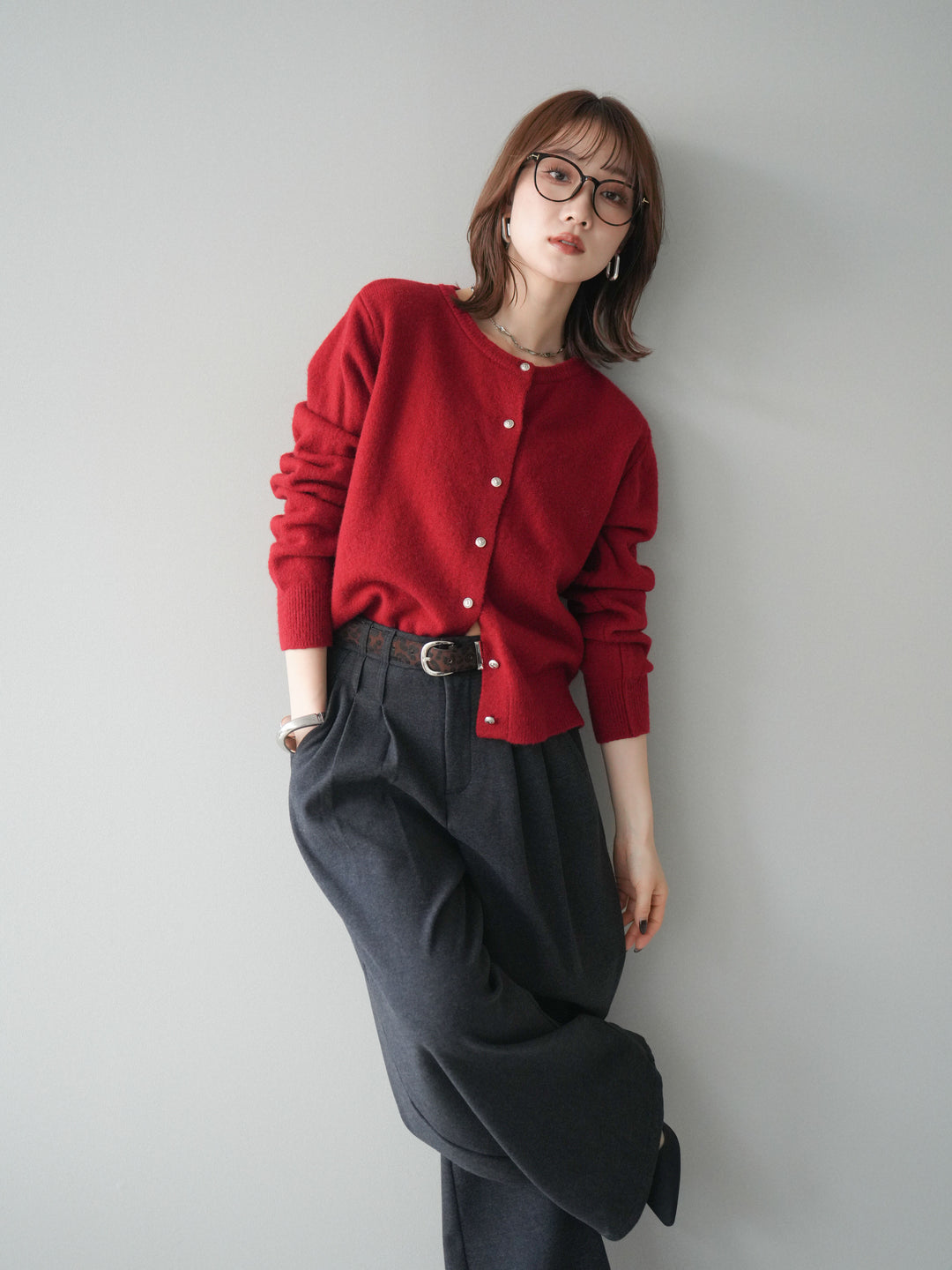 [予約]アンティークボタンニットカーディガン/red