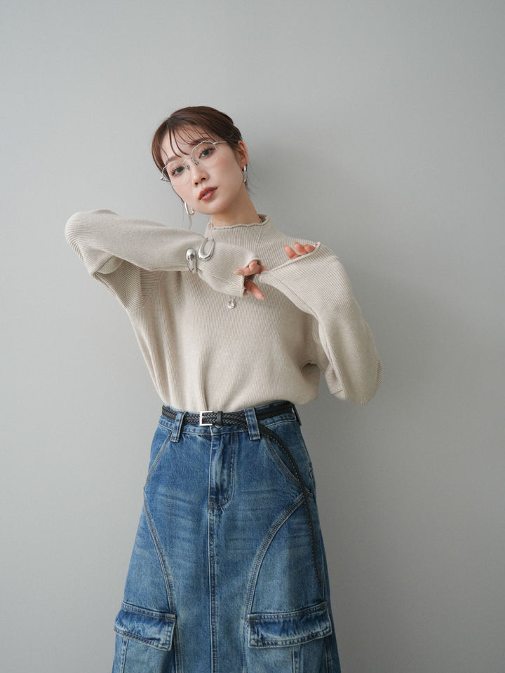 [予約]ボトルネック裾カールリブニットトップス/ivory