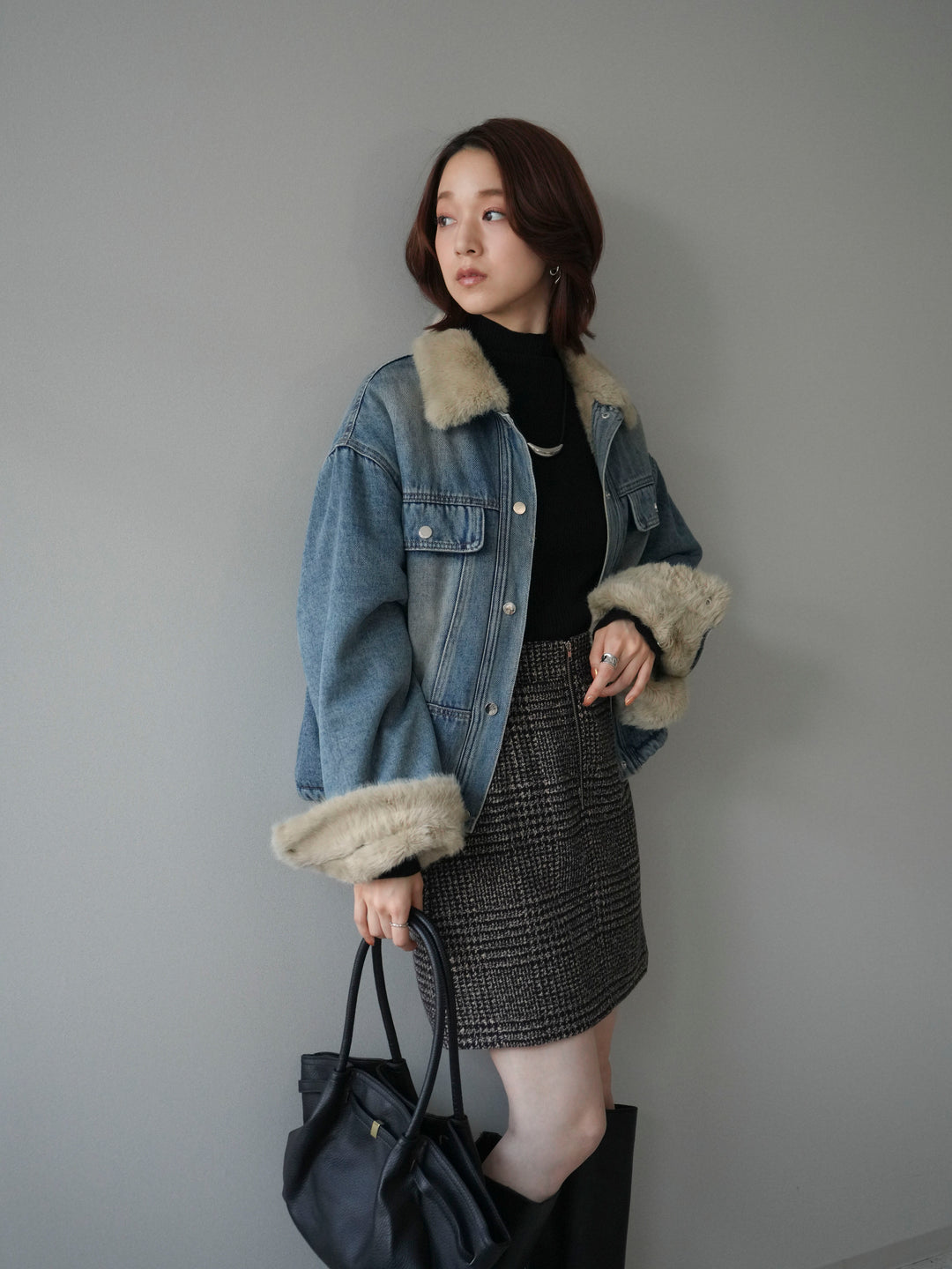 [予約]デニム×ファーステンカラーショートジャケット/lightblue