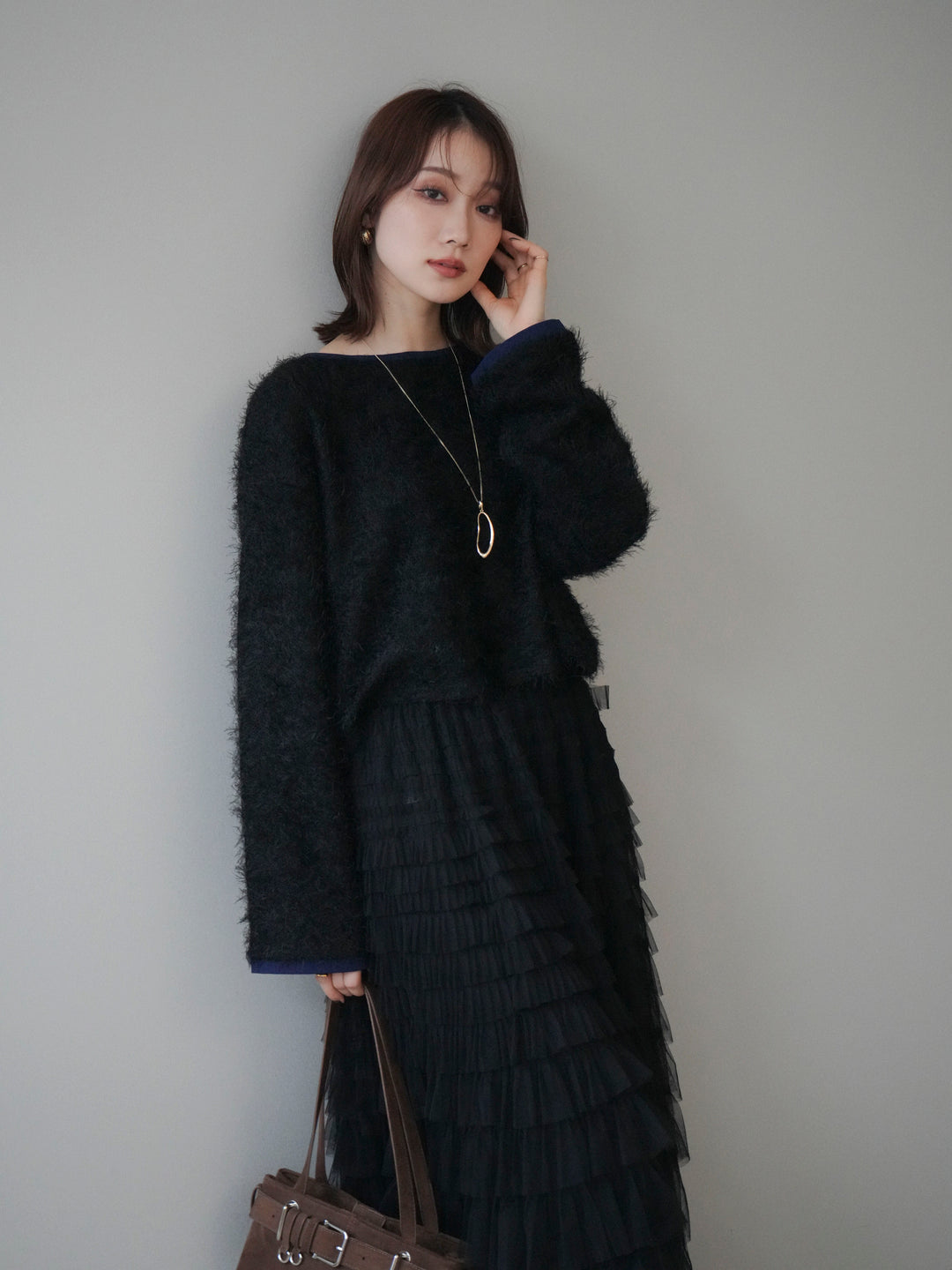 [予約]バイカラー2WAYシャギーニットカーディガン/black