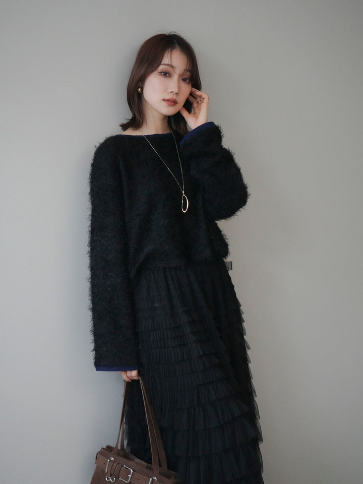 [予約]バイカラー2WAYシャギーニットカーディガン/black