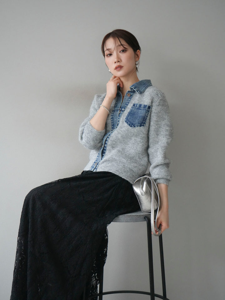 [予約]デニム襟ポケットニットカーディガン/gray