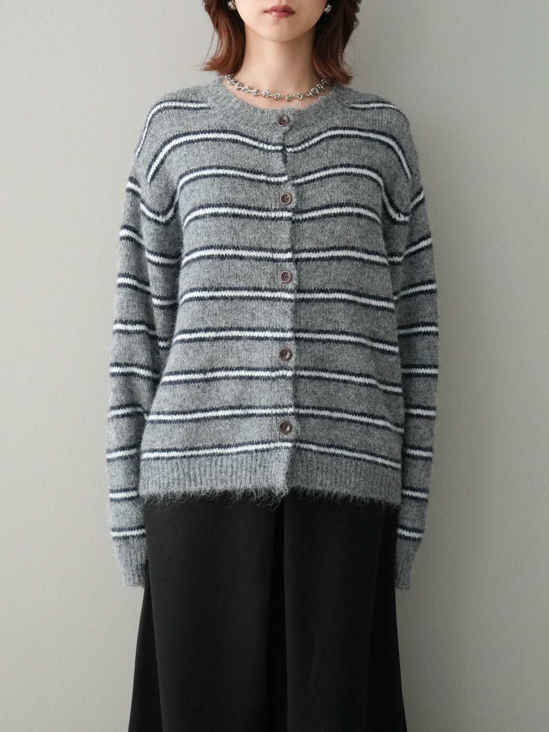 [予約]ボーダーシャギーニットカーディガン/gray