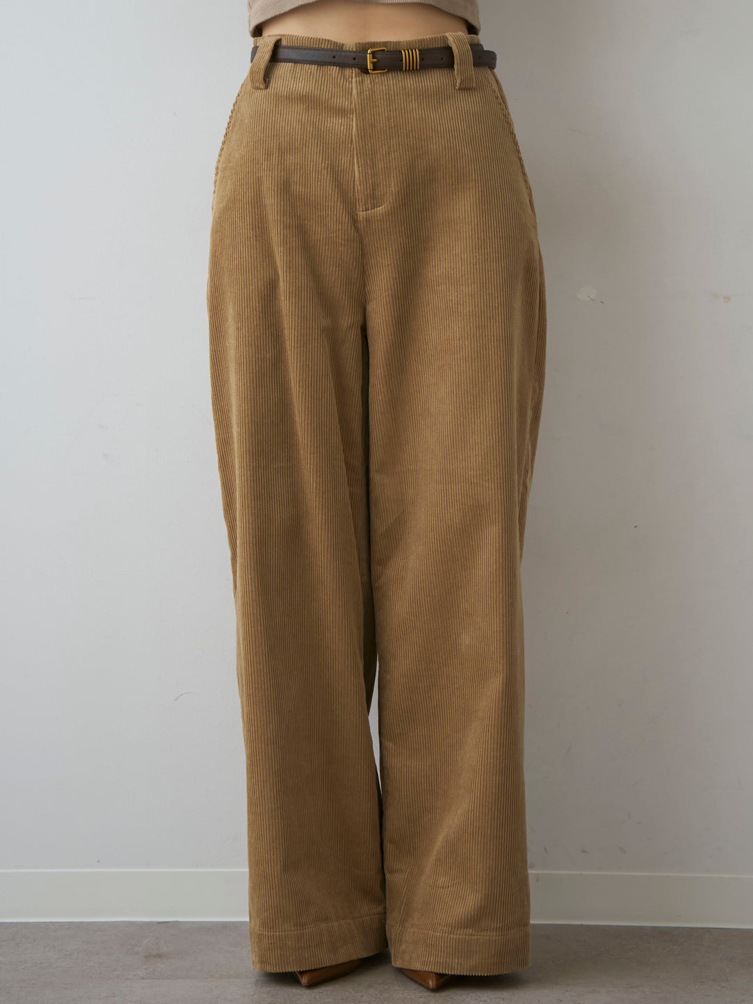 [予約]ベルト付コーディロイワイドストレートパンツ/beige