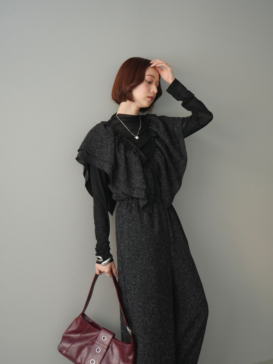 [SET]3WAYミックスツイードギャザーオールインワン+シアープチネックストレッチトップス(2set)