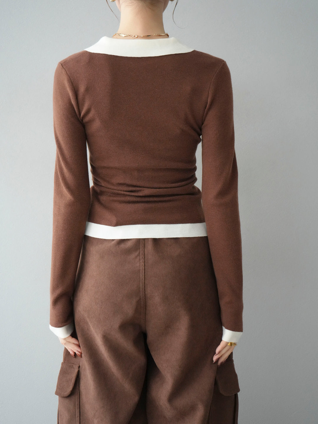 [予約]レイヤード配色ポロニットトップス/brown